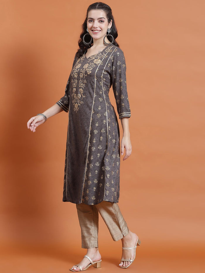 Women Grey Ornamental Print Kurta.
