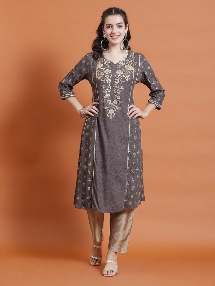Women Grey Ornamental Print Kurta.