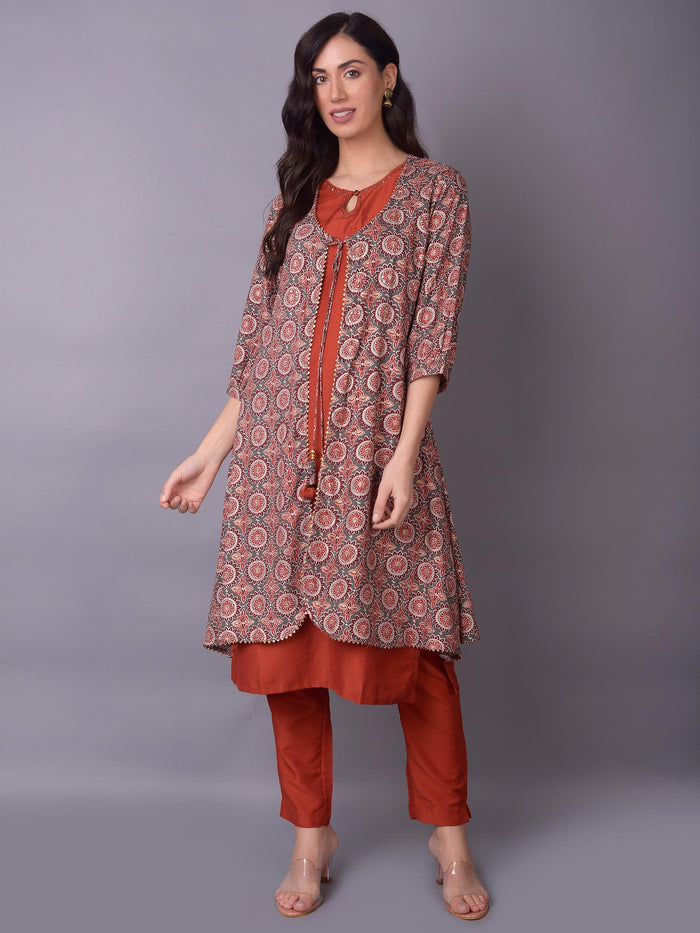 Women Grey Ornamental Printed Kurta Trouser Jacket.