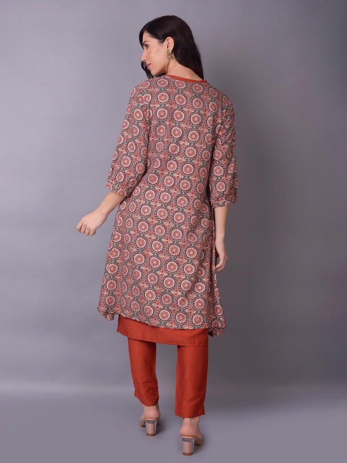 Women Grey Ornamental Printed Kurta Trouser Jacket.