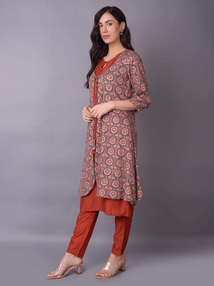 Women Grey Ornamental Printed Kurta Trouser Jacket.