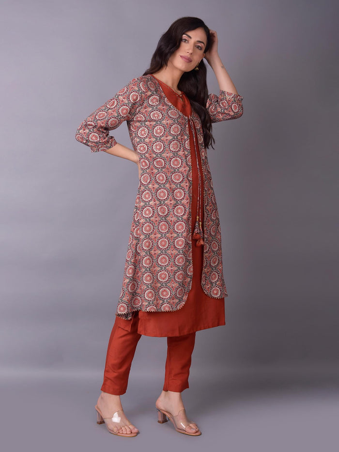 Women Grey Ornamental Printed Kurta Trouser Jacket.