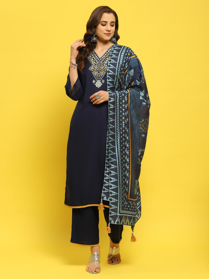 Women Indigo Blue Liva Rayon Kurta Comfort Pant Dupatta.
