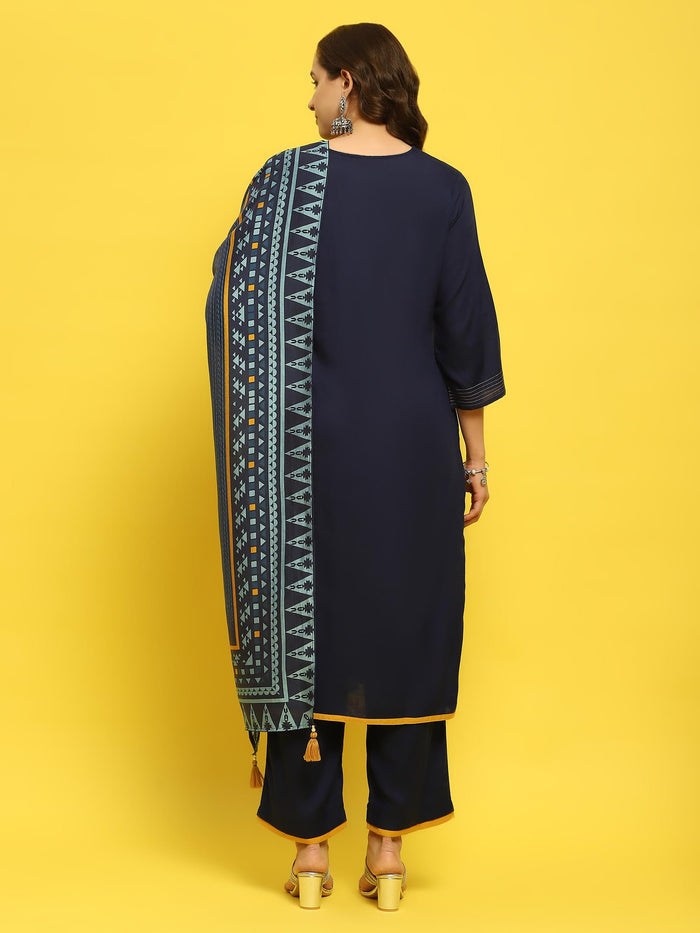 Women Indigo Blue Liva Rayon Kurta Comfort Pant Dupatta.
