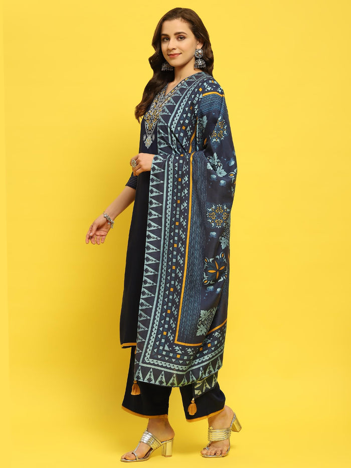 Women Indigo Blue Liva Rayon Kurta Comfort Pant Dupatta.