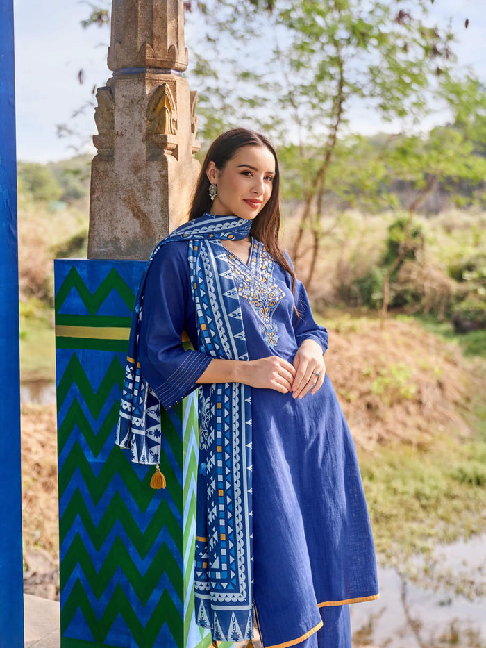 Women Indigo Blue Liva Rayon Kurta Comfort Pant Dupatta.