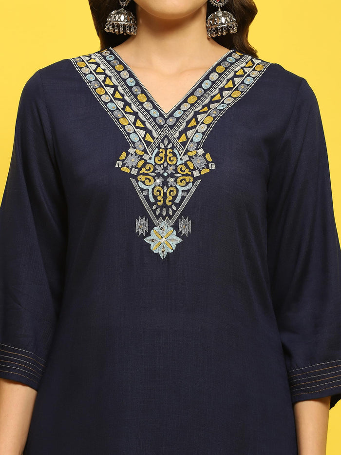 Women Indigo Blue Liva Rayon Kurta Comfort Pant Dupatta.