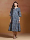 Women Indigo Cotton Printed Dress.