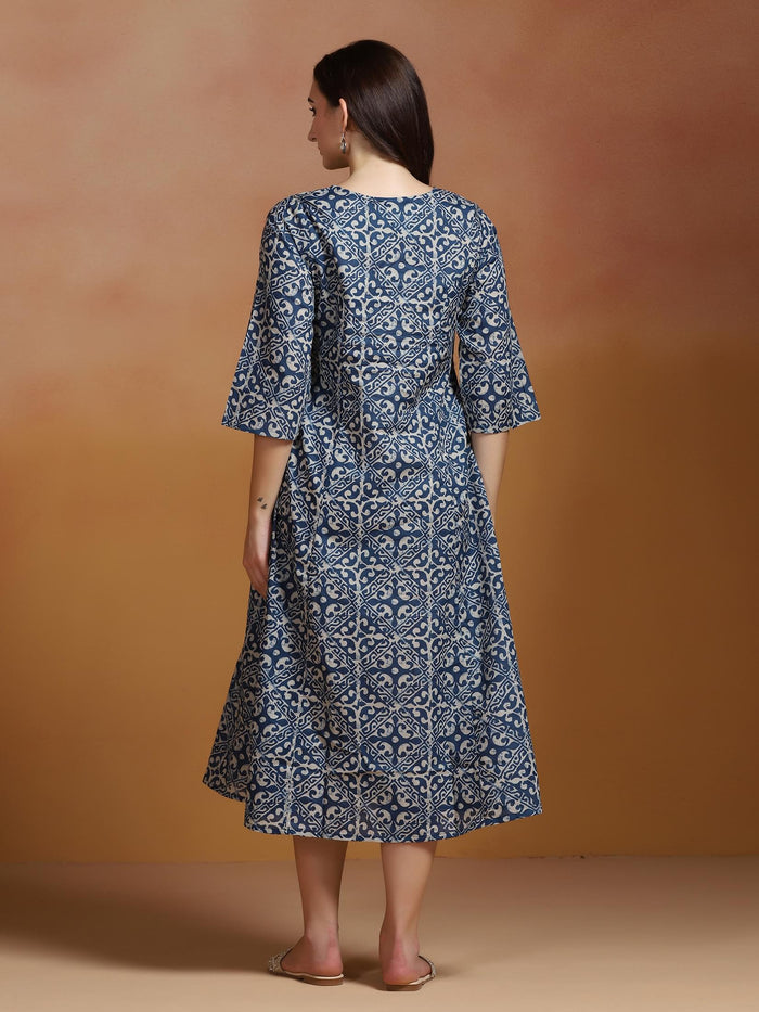 Women Indigo Cotton Printed Dress.