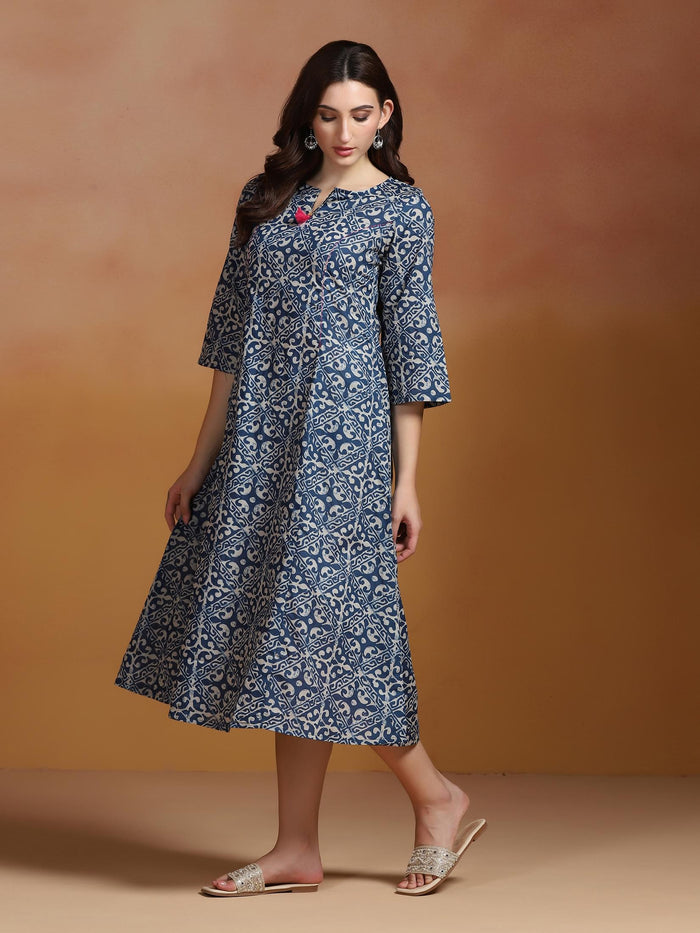 Women Indigo Cotton Printed Dress.