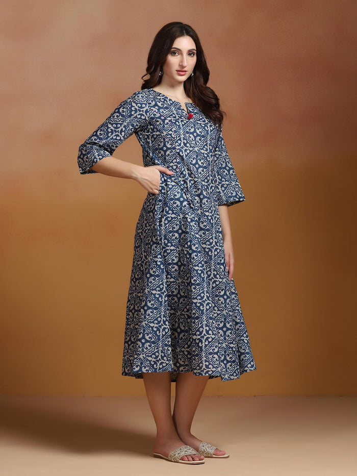 Women Indigo Cotton Printed Dress.