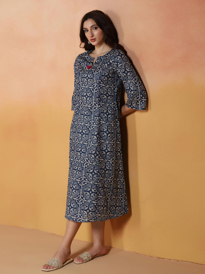 Women Indigo Cotton Printed Dress.