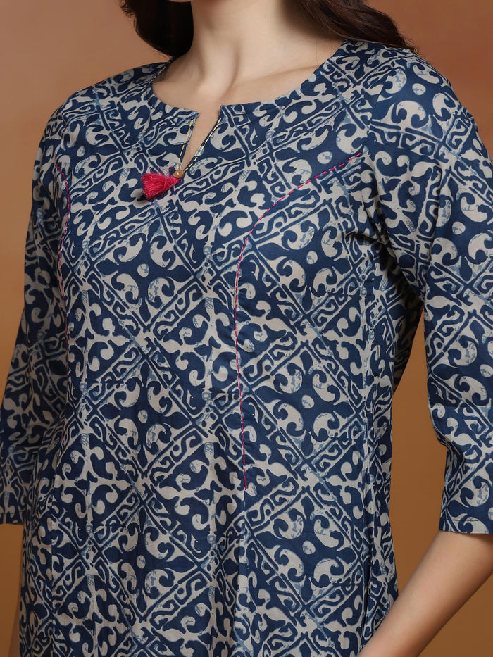 Women Indigo Cotton Printed Dress.