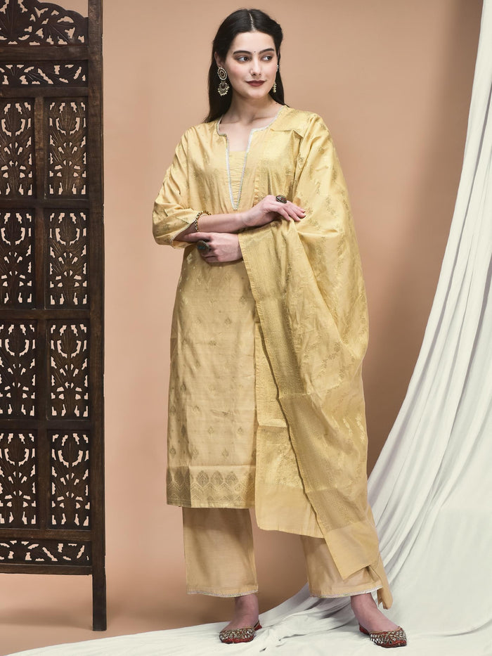 Women Jacquard Beige Woven Kurta Comfort Pant Dupatta.