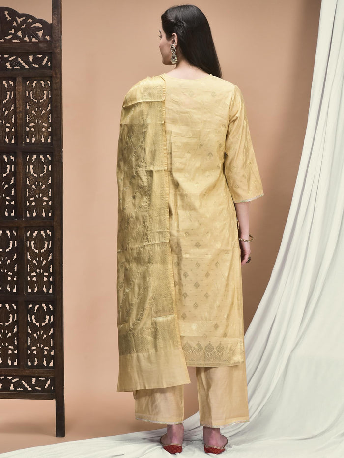 Women Jacquard Beige Woven Kurta Comfort Pant Dupatta.