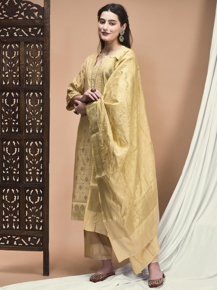 Women Jacquard Beige Woven Kurta Comfort Pant Dupatta.