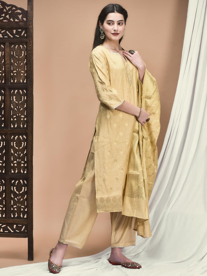 Women Jacquard Beige Woven Kurta Comfort Pant Dupatta.