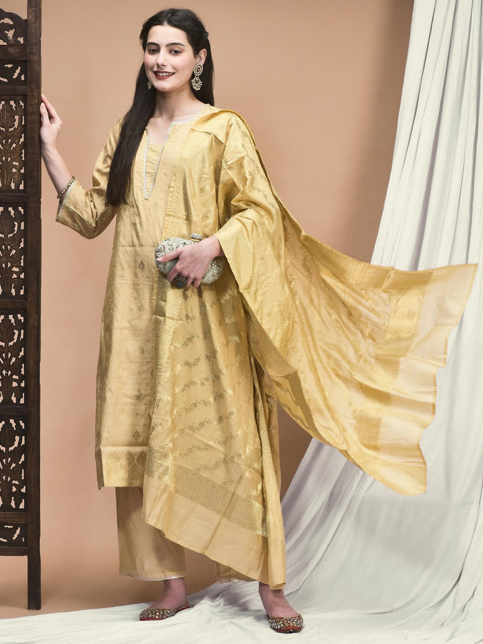 Women Jacquard Beige Woven Kurta Comfort Pant Dupatta.