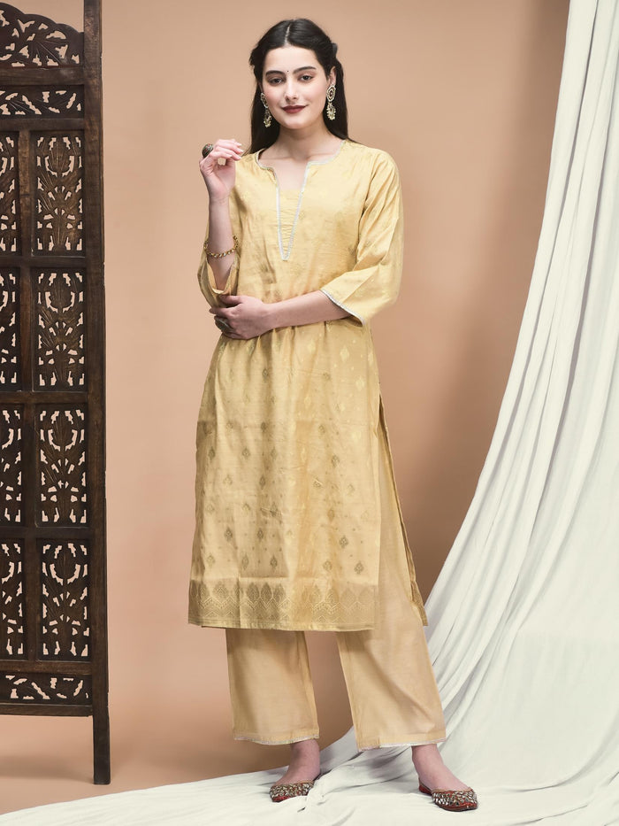 Women Jacquard Beige Woven Kurta Comfort Pant Dupatta.