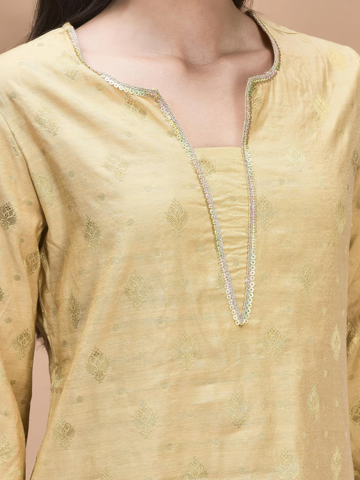 Women Jacquard Beige Woven Kurta Comfort Pant Dupatta.