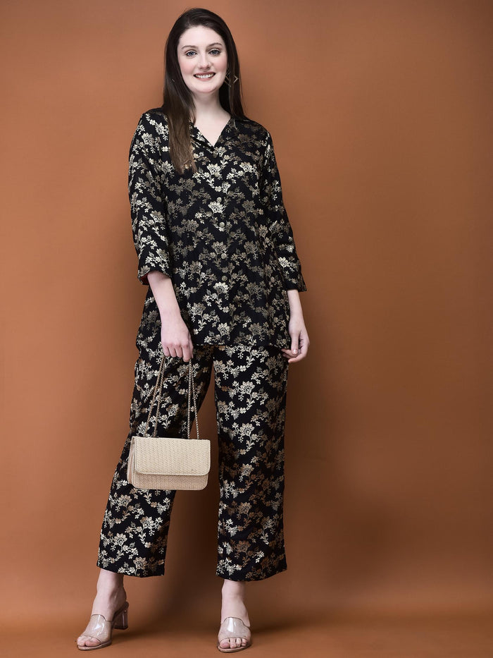 Women Jacquard Black Woven Co-Ord Set.