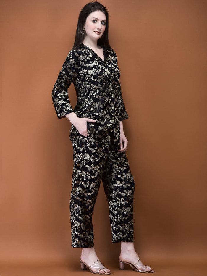 Women Jacquard Black Woven Co-Ord Set.
