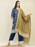 Women Jacquard Blue Ornamental Print Kurta Comfort Pant Dupatta.