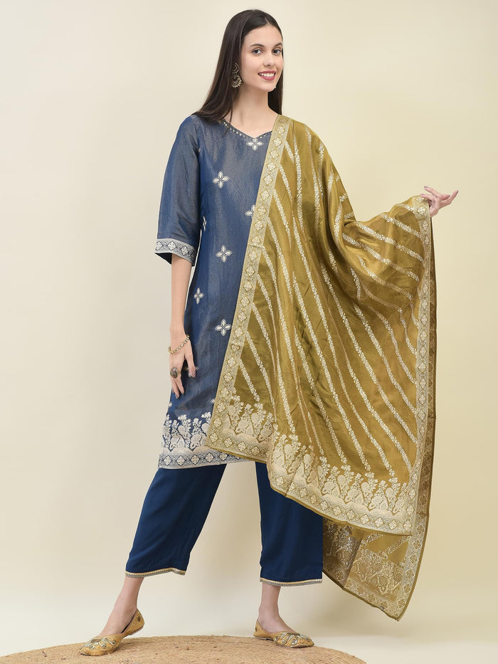 Women Jacquard Blue Ornamental Print Kurta Comfort Pant Dupatta.