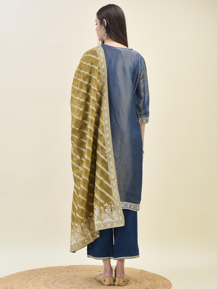 Women Jacquard Blue Ornamental Print Kurta Comfort Pant Dupatta.