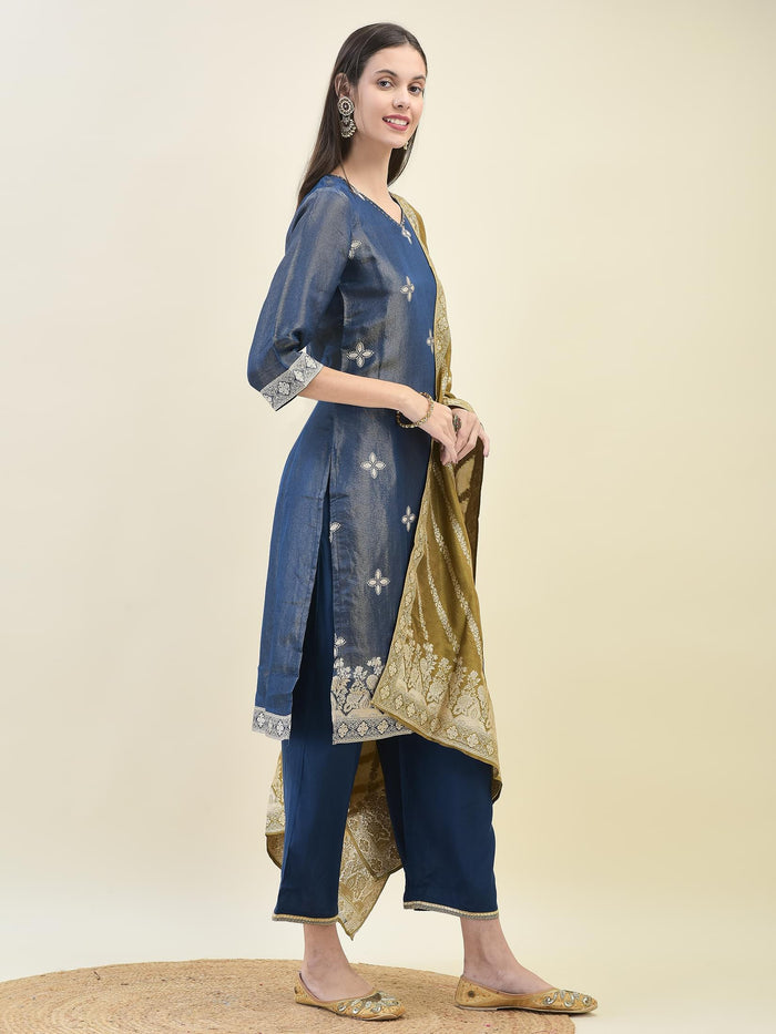 Women Jacquard Blue Ornamental Print Kurta Comfort Pant Dupatta.