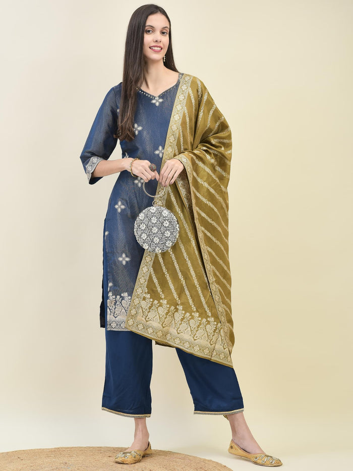 Women Jacquard Blue Ornamental Print Kurta Comfort Pant Dupatta.