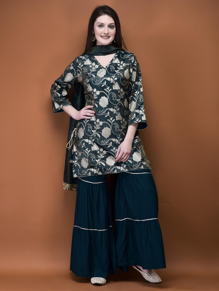 Women Jacquard Blue Woven Kurta Sharara Dupatta.