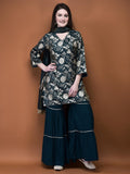 Women Jacquard Blue Woven Kurta Sharara Dupatta.