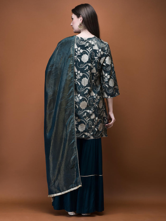 Women Jacquard Blue Woven Kurta Sharara Dupatta.