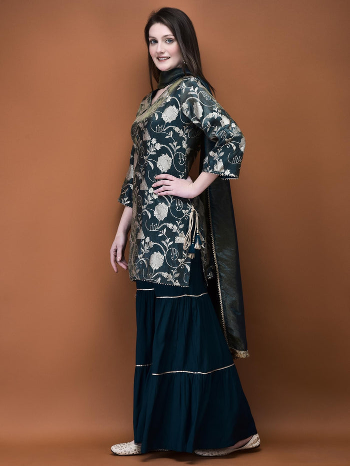 Women Jacquard Blue Woven Kurta Sharara Dupatta.