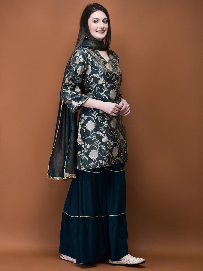Women Jacquard Blue Woven Kurta Sharara Dupatta.