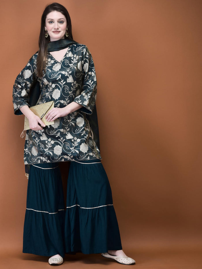 Women Jacquard Blue Woven Kurta Sharara Dupatta.