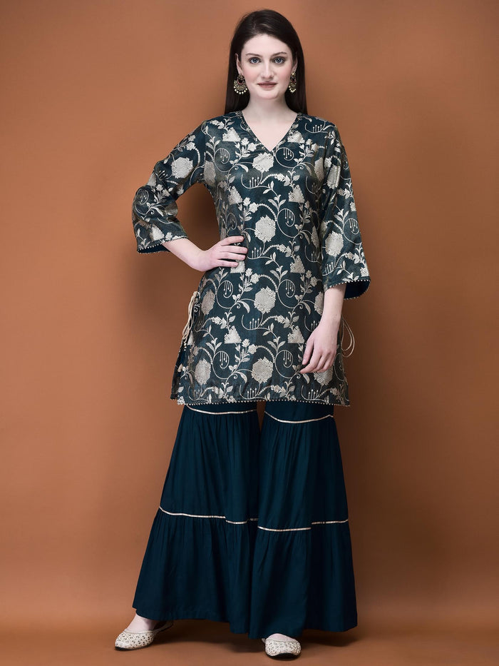 Women Jacquard Blue Woven Kurta Sharara Dupatta.