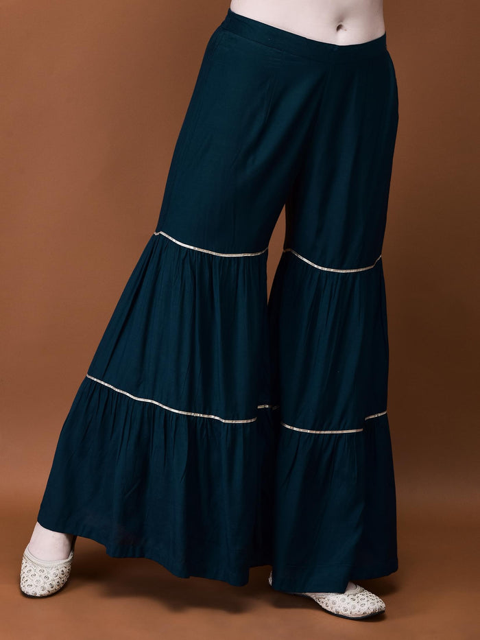 Women Jacquard Blue Woven Kurta Sharara Dupatta.