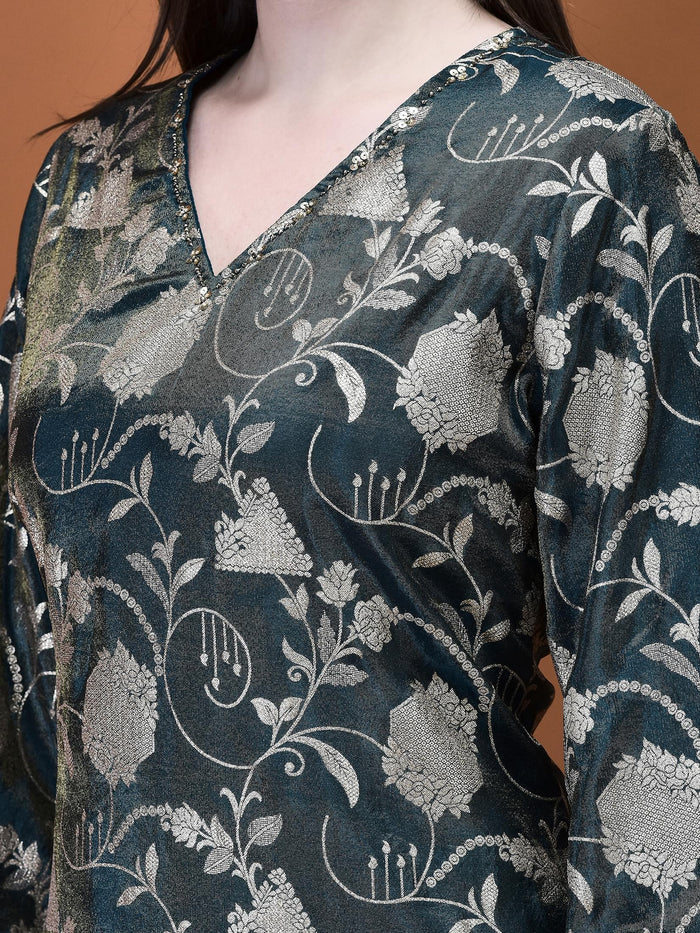 Women Jacquard Blue Woven Kurta Sharara Dupatta.