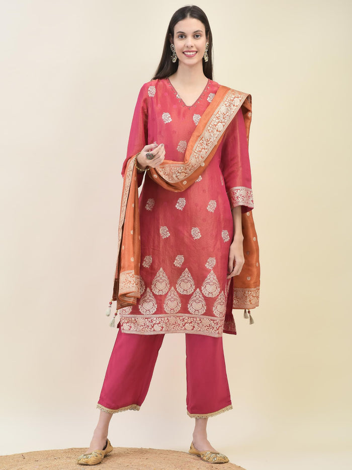 Women Jacquard Fuchsia Ornamental Print Kurta Comfort Pant Dupatta.