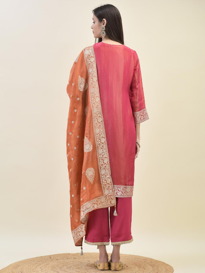 Women Jacquard Fuchsia Ornamental Print Kurta Comfort Pant Dupatta.