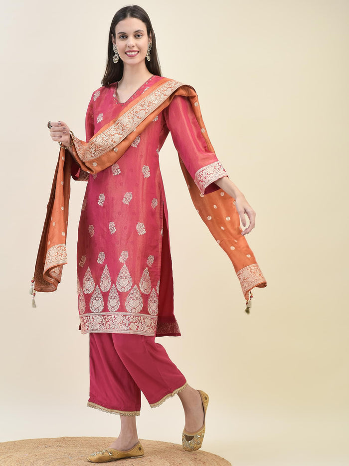Women Jacquard Fuchsia Ornamental Print Kurta Comfort Pant Dupatta.