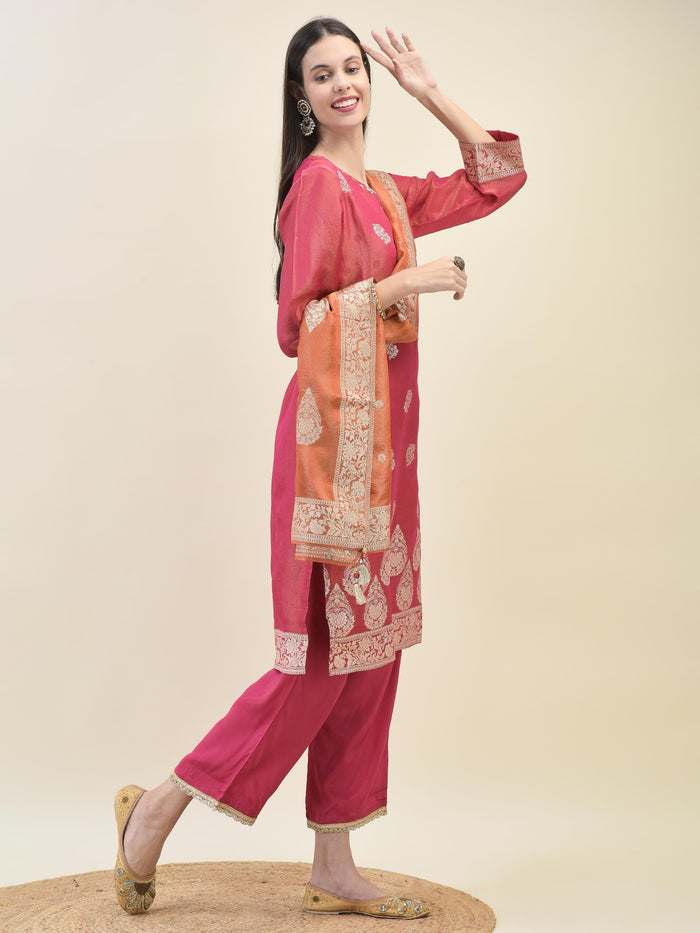 Women Jacquard Fuchsia Ornamental Print Kurta Comfort Pant Dupatta.