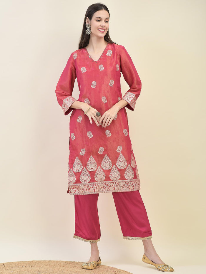 Women Jacquard Fuchsia Ornamental Print Kurta Comfort Pant Dupatta.