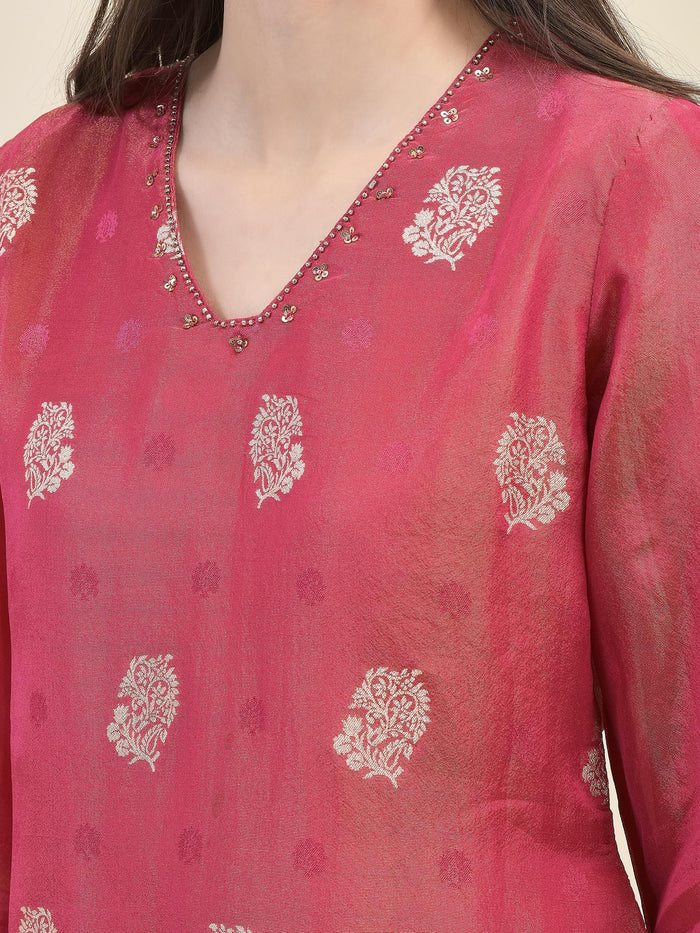 Women Jacquard Fuchsia Ornamental Print Kurta Comfort Pant Dupatta.