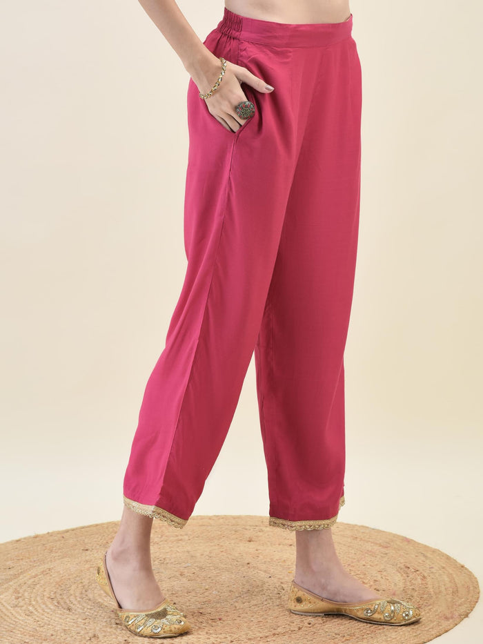 Women Jacquard Fuchsia Ornamental Print Kurta Comfort Pant Dupatta.