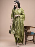 Women Jacquard Green Woven Kurta Comfort pant Dupatta.