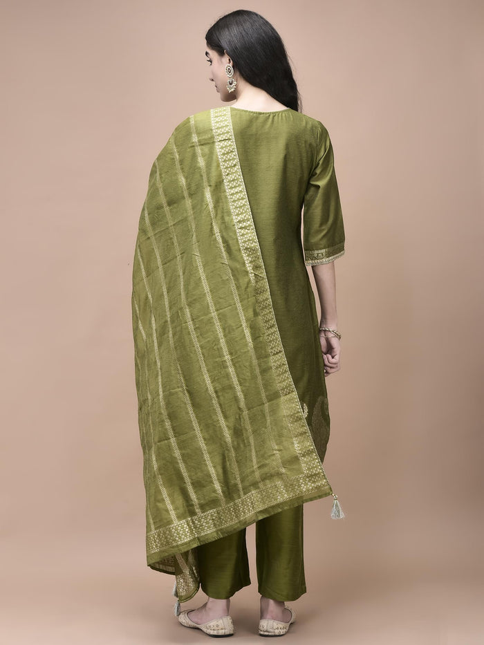 Women Jacquard Green Woven Kurta Comfort pant Dupatta.