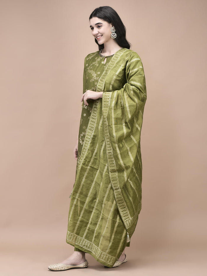 Women Jacquard Green Woven Kurta Comfort pant Dupatta.